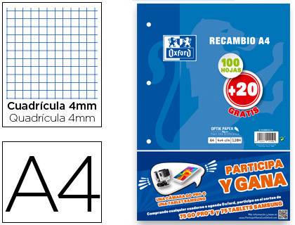 100 hojas 4 taladros color azul Miquelrius cuadrícula 5 mm Recambio hojas A4