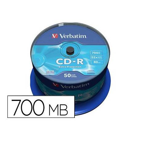 CD-R VERBATIM CAPACIDAD 700MB VELOCIDAD 52X 80 MIN TARRINA DE 50 UNIDADES