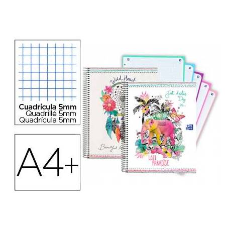 Cuaderno espiral Oxford European Book Boho Dream DIN A4+ Cuadricula 5mm 120 hojas Tapa extradura en Colores surtidos