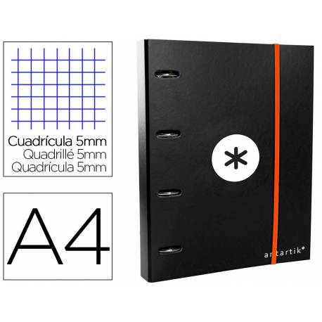 CARPETA CON RECAMBIO LIDERPAPEL ANTARTIK A4 CUADRO 5 MM FORRADA 4 ANILLAS 40MM REDONDAS COLOR NEGRA