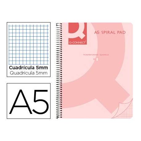 Cuaderno espiral Q-Connect Din A5 micro tapa plastico 80h 70g cuadro 5mm sin bandas 6 taladros rosa