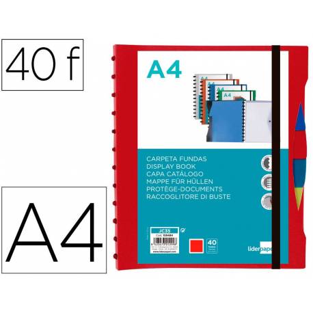 CARPETA LIDERPAPEL A4 CON 40 FUNDAS INTERCAMBIABLES 5 SEP SOBRE Y GOMILLA PORTADA Y LOMO PERSONALIZABLE ROJO