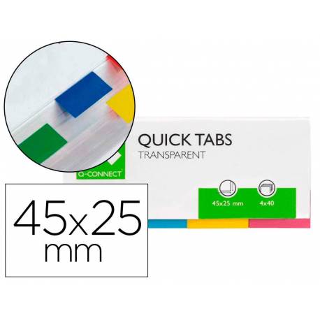 Banderitas separadoras q-connect 25x45 mm transparentes y color pack de 4 con 40 hojas por color