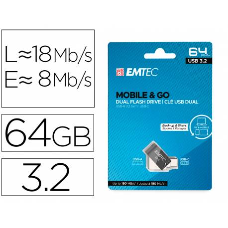 MEMORIA EMTEC USB 3.2 DUAL MOBILE & GO TYPE-C /USB 64 GB