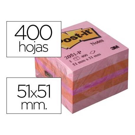 Bloc de notas adhesivas quita y pon post-it 51x51 mm minicubo rosa 400 hojas