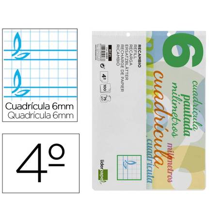 Recambio Liderpapel cuarto 2 taladros 70 gr cuadriculado pautado 6 mm