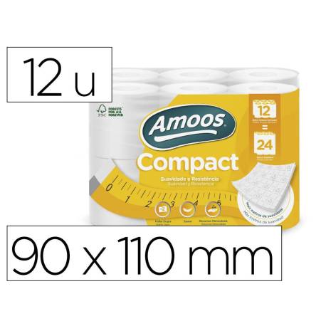 PAPEL HIGIENICO AMOOS 2 CAPAS 110 MM DIAMETRO X 90 MM ALTO 30 GR/M2 PAQUETE DE 12 ROLLOS