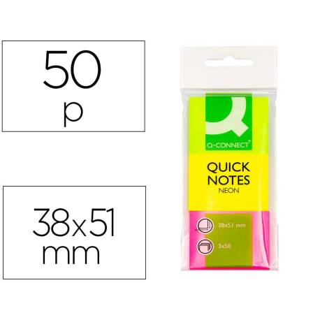 Bloc de notas adhesivas quita y pon q-connect 38x51 mm neon pack 3 unidades con 50 hojas por color