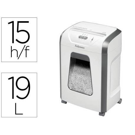 DESTRUCTORA DE DOCUMENTOS FELLOWES 15C CAPACIDAD 15H SEGURIDAD P4 GRAPAS CLIPS Y TARJETAS PAPELERA 19 L