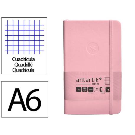 CUADERNO CON GOMILLA ANTARTIK NOTES TAPA DURA A6 HOJAS CUADRICULA ROSA PASTEL 100 HOJAS 80 GR FSC