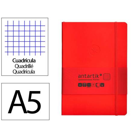 CUADERNO CON GOMILLA ANTARTIK NOTES TAPA BLANDA A5 HOJAS CUADRICULA ROJO 80 HOJAS 80 GR FSC