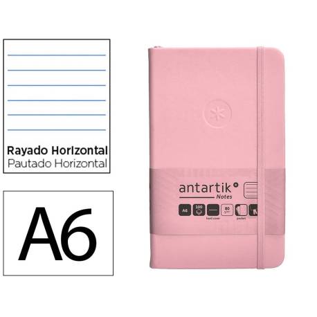 CUADERNO CON GOMILLA ANTARTIK NOTES TAPA DURA A6 HOJAS RAYAS ROSA PASTEL 100 HOJAS 80 GR FSC