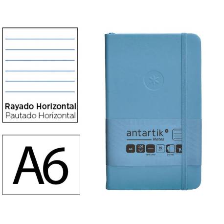 CUADERNO CON GOMILLA ANTARTIK NOTES TAPA DURA A6 HOJAS RAYAS AZUL CLARO 100 HOJAS 80 GR FSC