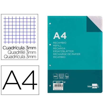 RECAMBIO LIDERPAPEL DIN A4 100 HOJAS 100G/M2 CUADRO 3MM CON MARGEN 4 TALADROS