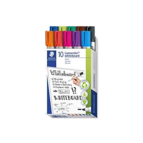 ROTULADOR STAEDTLER LUMOCOLOR 351 PARA PIZARRA BLANCA PUNTA REDONDA 2 MM RECARGABLE CAJA DE 10 UNIDADES COLORES