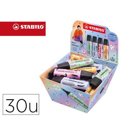ROTULADOR STABILO BOSS FLUORESCENTE ORIGINAL PASTEL BY JU SCHNEE EXPOSITOR DE 30 UNIDADES COLORES SURTIDOS