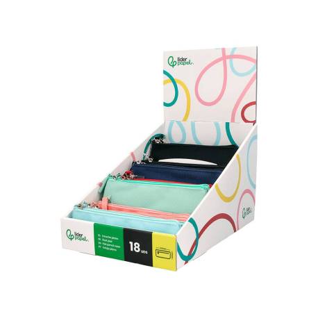 ESTUCHE PORTATODO LIDERPAPEL PLANO ESTRECHO UNA CREMALLERA 200X60 MM EXPOSITOR COLORES SURTIDOS 18 UNIDADES