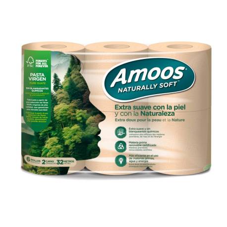 PAPEL HIGIENICO AMOOS NATURALLY SOFT 2 CAPAS PASTA CRUDA PAQUETE DE 6 ROLLOS 32 M
