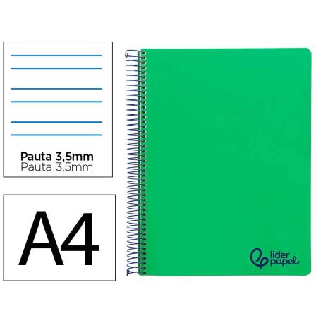 CUADERNO ESPIRAL LIDERPAPEL A4 WONDER TAPA PLASTICO 80H 90GR PAUTA ANCHA 3,5MM CON MARGEN COLOR VERDE OSCURO