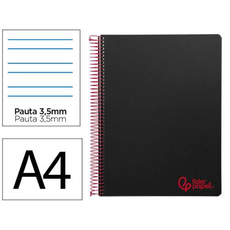 CUADERNO ESPIRAL LIDERPAPEL A4 WONDER TAPA PLASTICO 80H 90GR PAUTA ANCHA 3,5MM CON MARGEN COLOR NEGRO