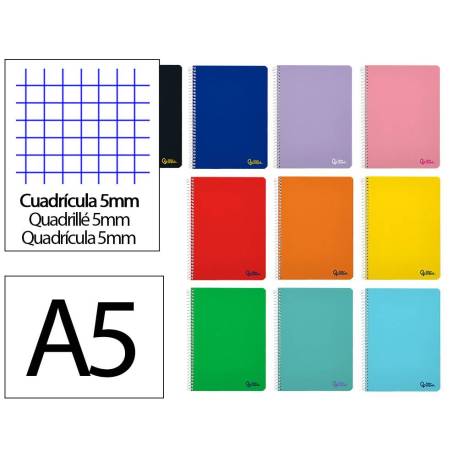 CUADERNO ESPIRAL LIDERPAPEL A5 MICRO SMART TAPA BLANDA 80H 75GR CUADRO 5MM DOBLE MARGEN 6 TALADROS COLORES