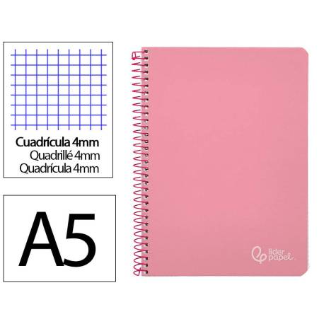 CUADERNO ESPIRAL LIDERPAPEL DIN A5 WITTY TAPA DURA 80H 90GR CUADRO 4MM CON MARGEN COLOR ROSA