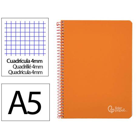 CUADERNO ESPIRAL LIDERPAPEL DIN A5 WITTY TAPA DURA 80H 90GR CUADRO 4MM CON MARGEN COLOR NARANJA