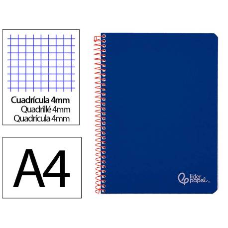 CUADERNO ESPIRAL LIDERPAPEL DIN A4 WITTY TAPA DURA 80H 90GR CUADRO 4MM CON MARGEN COLOR AZUL OSCURO