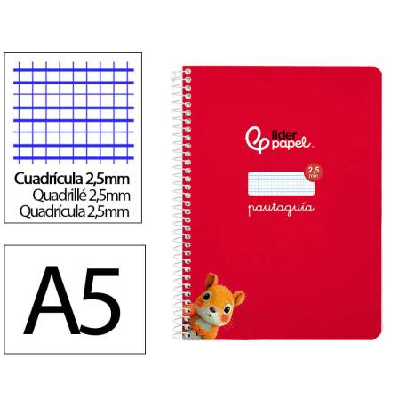 CUADERNO ESPIRAL LIDERPAPEL DI N A5 PAUTAGUIA TAPA BLANDA 40H 75 GR CUADRO PAUTADO 2,5MM COLOR ROJO