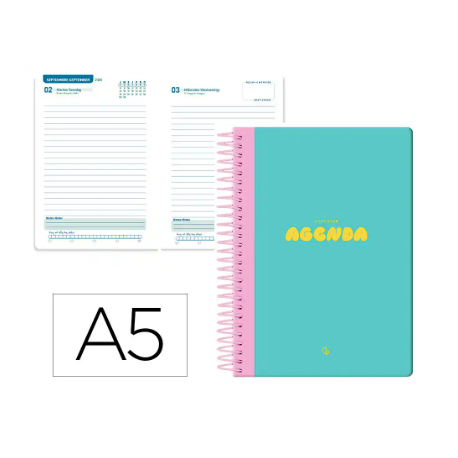 AGENDA ESCOLAR LIDERPAPEL 25-26 ESPIRAL CLASSIC AZUL TURQUESA DIA PAGINA A5 BILINGÜE PAPEL FSC 70 GR