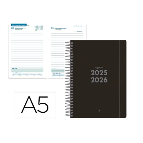 AGENDA ESCOLAR LIDERPAPEL 25-26 ESPIRAL BASIC NEGRO DIA PAGINA A5 BILINGÜE PAPEL FSC 70 GR FSC 70 GR