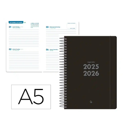 AGENDA ESCOLAR LIDERPAPEL 25-26 ESPIRAL BASIC NEGRO 2 DIAS PAGINA A5 BILINGÜE PAPEL FSC 70 GR