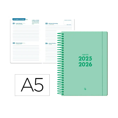 AGENDA ESCOLAR LIDERPAPEL 25-26 ESPIRAL BASIC VERDE MENTA 2 DIAS PAGINA A5 BILINGÜE PAPEL FSC 70 GR