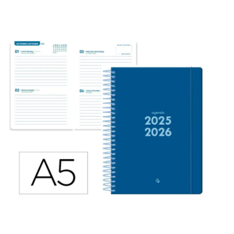 AGENDA ESCOLAR LIDERPAPEL 25-26 ESPIRAL BASIC AZUL OSCURO 2 DIAS PAGINA A5 BILINGÜE PAPEL FSC 70 GR
