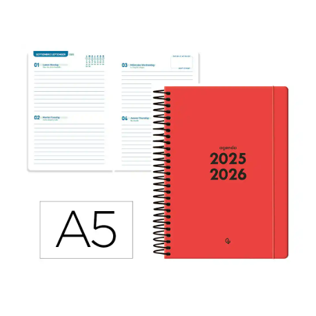 AGENDA ESCOLAR LIDERPAPEL 25-26 ESPIRAL BASIC ROJO 2 DIAS PAGINA A5 BILINGÜE PAPEL FSC 70 GR