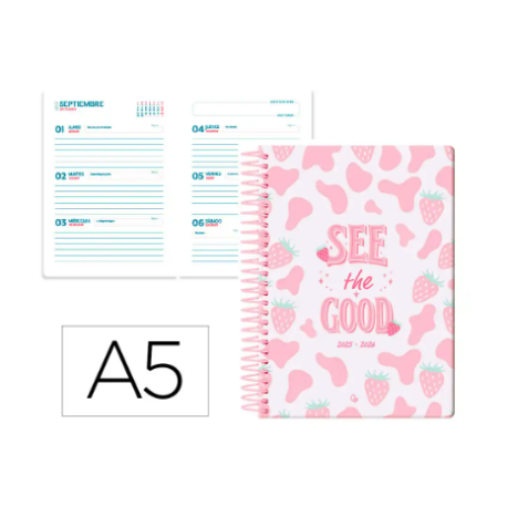 AGENDA ESCOLAR LIDERPAPEL 25-26 ESPIRAL PETITE FRESAS SEMANA VISTA A5 BILINGÜE PAPEL FSC 80 GR
