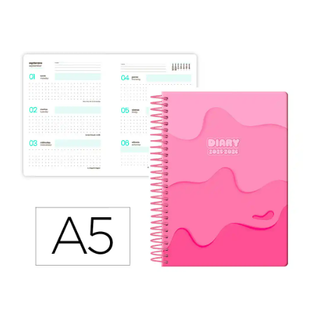 AGENDA ESCOLAR LIDERPAPEL 25-26 ESPIRAL MELTING ROSA SEMANA VISTA A5 BILINGÜE PAPEL FSC 80 GR