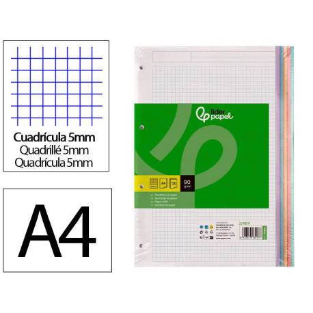 RECAMBIO A4 LIDERPAPEL 120 HOJAS 90G/M2 CUADRO 5 MM 4 TALADROS BANDAS DE 5 COLORES PASTELES