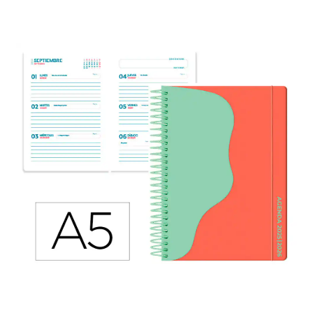 AGENDA ESCOLAR LIDERPAPEL 25-26 ESPIRAL WAVES ROJO SEMANA VISTA A5 BILINGÜE PAPEL FSC 80 GR