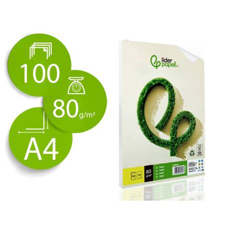 PAPEL LIDERPAPEL A4 80G/M2 RECICLADO LISO PAQUETE DE 100 HOJAS
