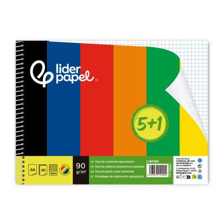 CUADERNO ESPIRAL LIDERPAPEL DIN A4 TAPA POLIPROPILENO 80H 90GR CUADRO 4MM CON MARGEN PACK 5+1 COLORES SURTIDOS