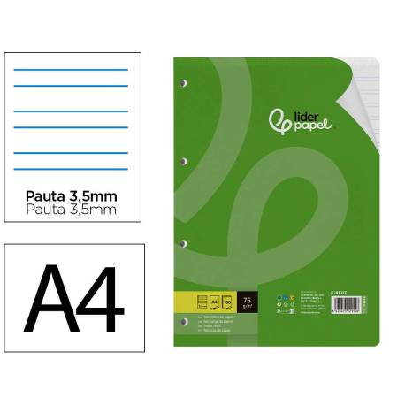 RECAMBIO LIDERPAPEL DIN A4 100 HOJAS 75 GR PAUTA 4 3.5MM CON MARGEN 4 TALADROS