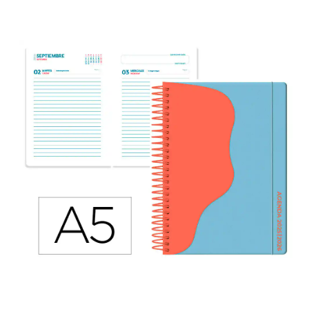 AGENDA ESCOLAR LIDERPAPEL 25-26 ESPIRAL WAVES AZUL DIA PAGINA A5 BILINGÜE PAPEL FSC 80 GR
