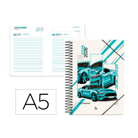 AGENDA ESCOLAR LIDERPAPEL 25-26 ESPIRAL CARS TURQUESA DIA PAGINA A5 BILINGÜE PAPEL FSC 80 GR