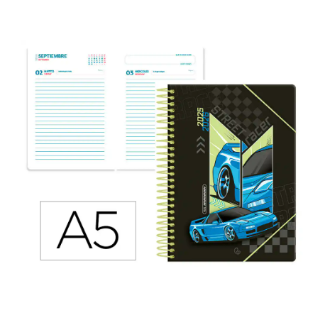 AGENDA ESCOLAR LIDERPAPEL 25-26 ESPIRAL CARS AZUL DIA PAGINA A5 BILINGÜE PAPEL FSC 80 GR