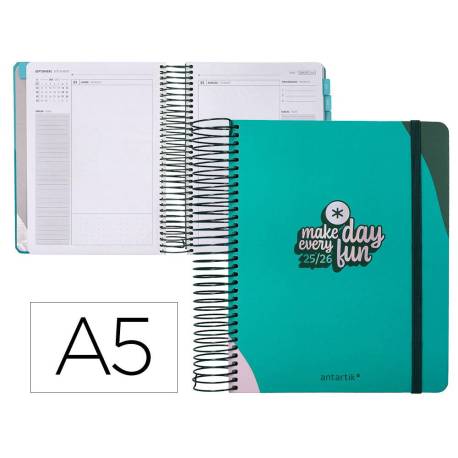 AGENDA ESCOLAR ANTARTIK 25-26 ESPIRAL FUN DAY TURQUESA DIA PAGINA A5 BILINGÜE PAPEL FSC 80 GR