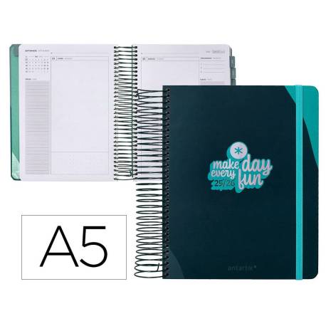 AGENDA ESCOLAR ANTARTIK 25-26 ESPIRAL FUN DAY AZUL OSCURO DIA PAGINA A5 BILINGÜE PAPEL FSC 80 GR