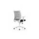 SILLA ROCADA DE OFICINA BRAZOS REGULABLES ESTRUCTURA BLANCA RESPALDO MALLA Y ASIENTO TELA IGNIFUGA AZUL