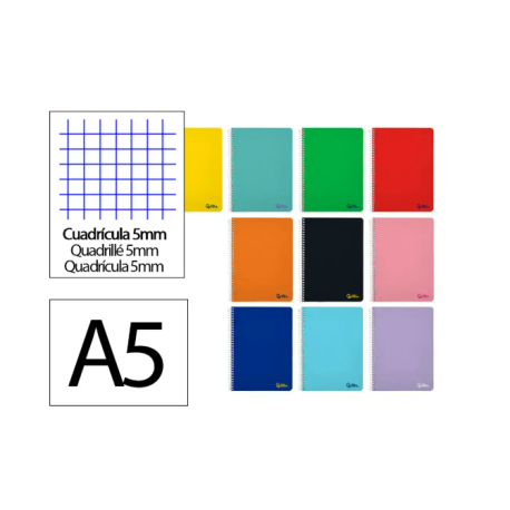 CUADERNO ESPIRAL LIDERPAPEL DIN A5 SMART TAPA BLANDA 80H 75GR CUADRO 5MM CON MARGEN COLORES SURTIDOS