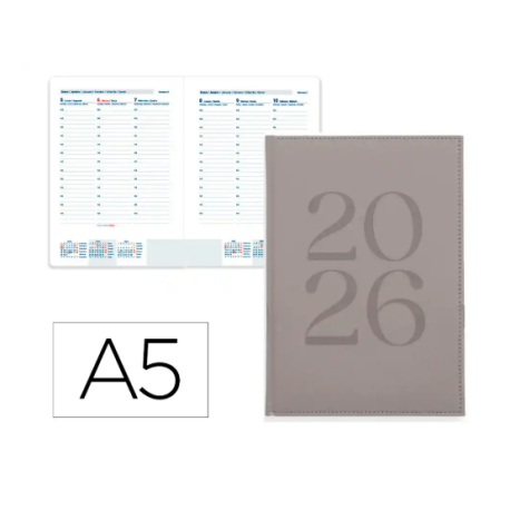 AGENDA ENCUADERNADA LIDERPAPEL CRETA 150X210 MM 2026 SEMANA VISTA GRIS PAPEL 70 GR
